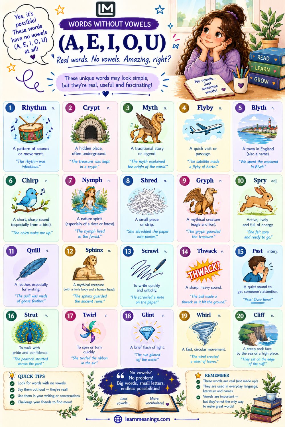 20 English Words Without Vowels (A, E, I, O, U)