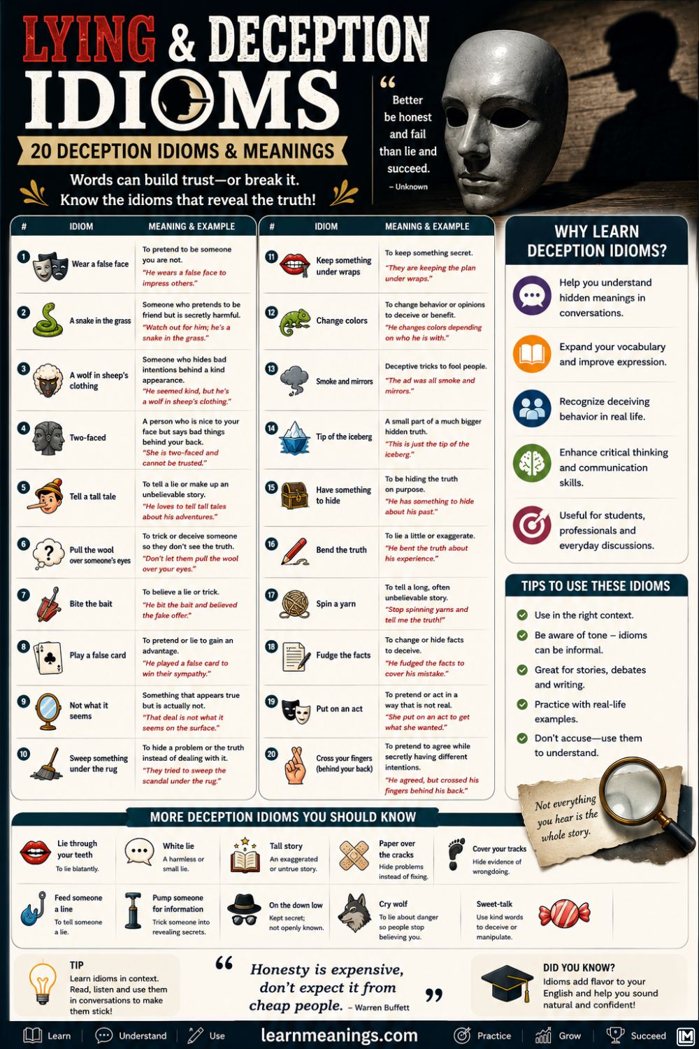 Lying & Deception Idioms: 20 Deception Idioms & Meanings