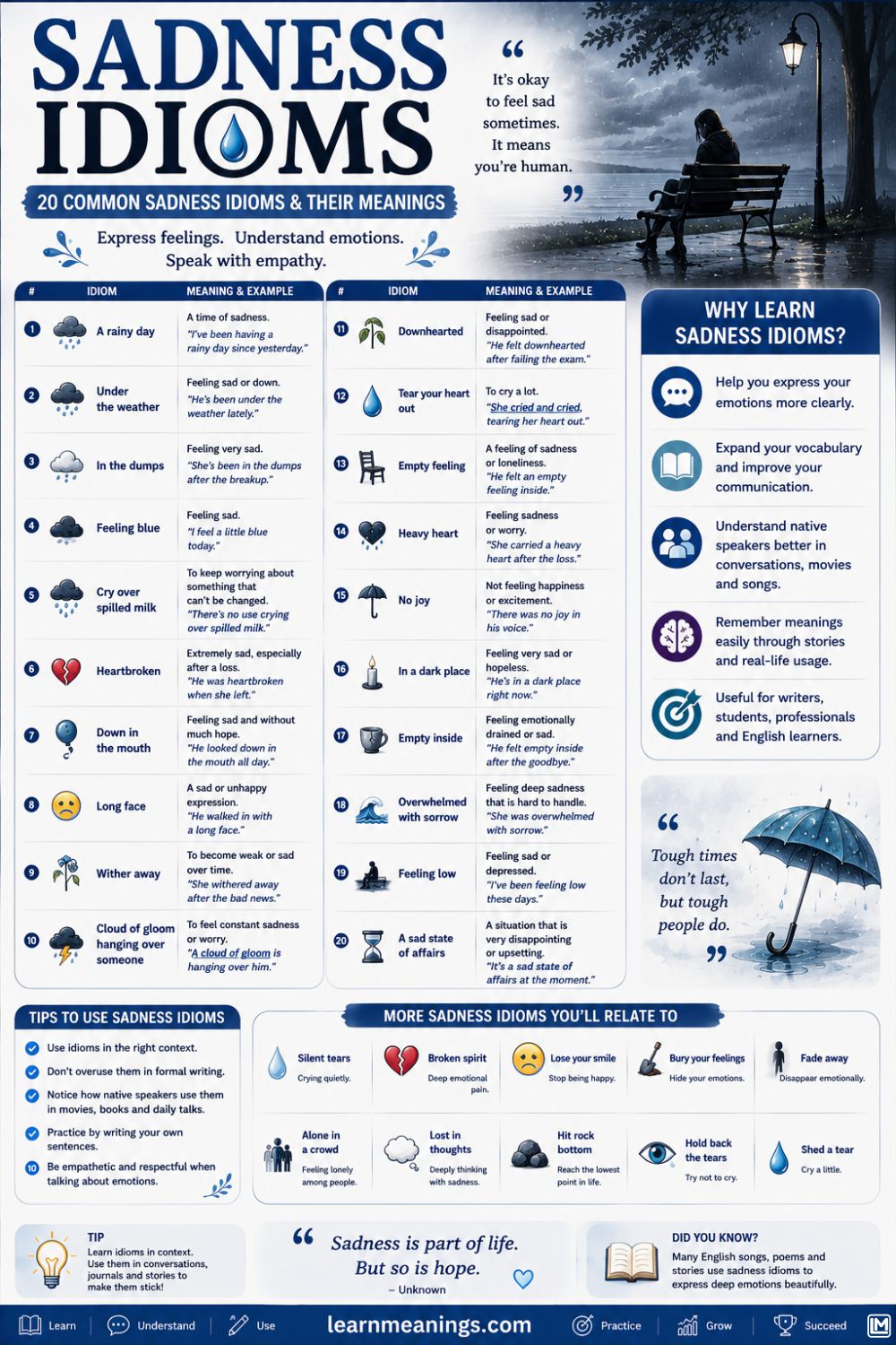 Sadness Idioms: 20 Common Sadness Idioms & Meanings