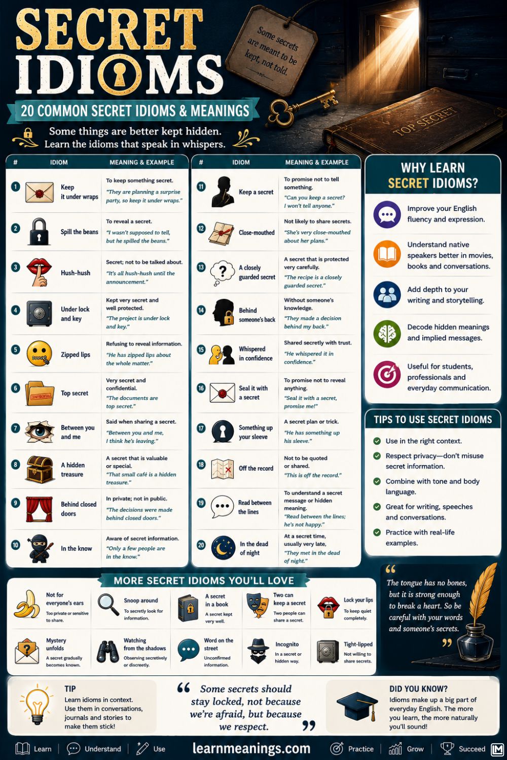 Secret Idioms: 20 Common Secret Idioms & Meanings